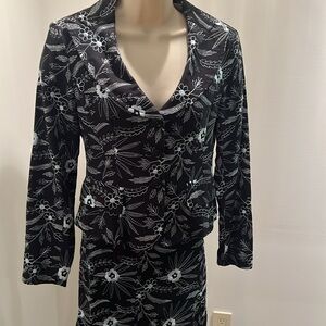 Beautiful Nanette Lepore Embroidered Floral Black and Ice Blue Skirt Suit